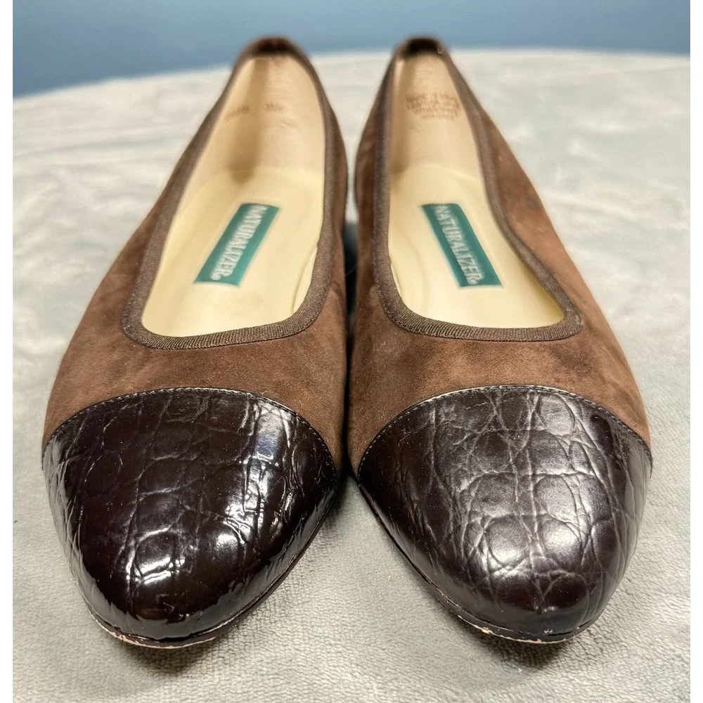 Naturalizer Flats Womens 8.5 Brown Suede Croc Print Cap Toe Ballet